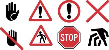 Red Warning and Restriction Signs Set Stop, Prohibited, No Entry, Safety Symbols, Alert, Forbidden, Danger, Caution, Risk, Attention, Hazard, Security, Cautionary Icons, Illustration vector