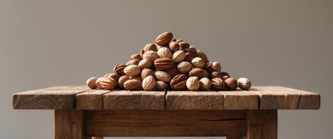 a pile of nuts sitting on top of a wooden table. photo