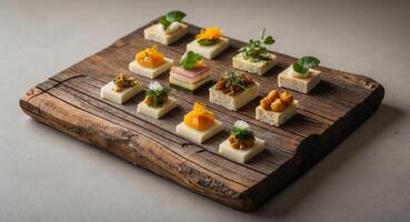 Elegant catering samples displayed on a rustic wooden platter. photo