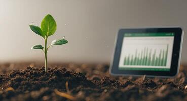 Digital Integration in Agriculture with Growing Seedling in Soil. photo