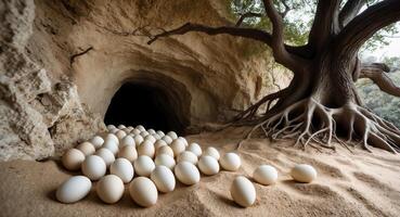 Eggs in nest next to cave and tree on sandy ground photo