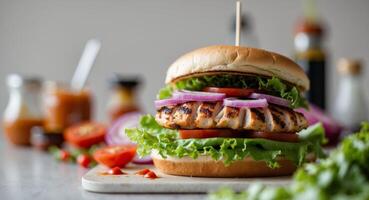 Delicious Grilled Chicken Burger with Fresh Vegetables and Sauces. photo