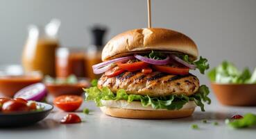Delicious Grilled Chicken Burger with Fresh Vegetables and Sauces photo