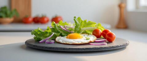 Delicious Fried Egg with Bright Yellow Yolk on Slate Plate Surrounded by Fresh Ingredients and Casual Kitchen Setting photo