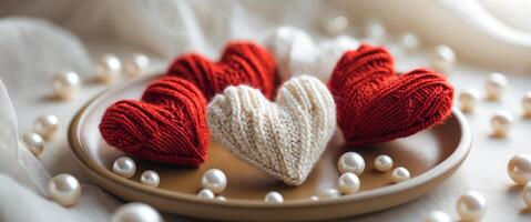 Decorative knitted hearts in red and white arranged on a cozy plate with pearls and soft background. photo