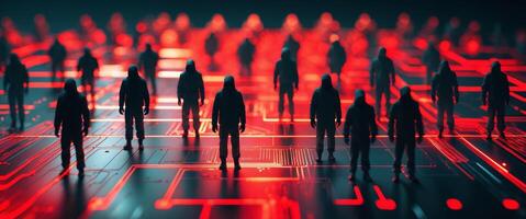 Dark Figures on Red Circuit Board A Digital Army Concept. photo
