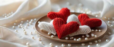 Decorative knitted hearts in red and white arranged on a cozy plate with pearls and soft background photo