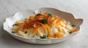 Creamy Baked Dish with Golden Cheese and Crispy Potatoes on White Plate. photo
