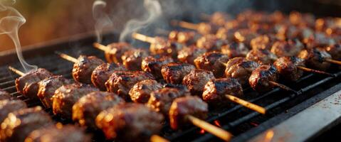 Closeup of Juicy Grilled Kebabs on a Hot Grill. photo