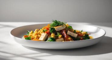 Close up of Tofu scrambled with vegetables on a white plate photo