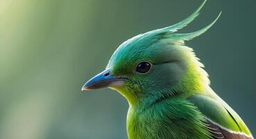 Close up of a green bird looking down at the camera with a natural green background. photo