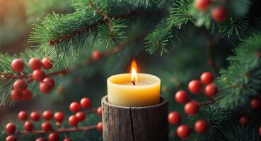 Close up of a candle in a spruce tree with berries photo
