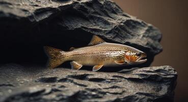 Brown Trout on a Dark Rock Surface Displaying its Golden and Brown Hues photo