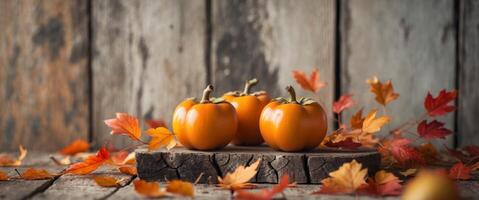 Autumn Still Life with Ripe Persimmons and Colorful Leaves on Rustic Wood Background photo