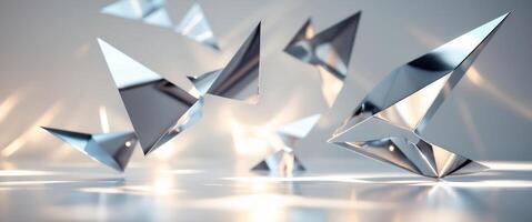 Abstract geometric design with reflective triangles in luminous background. photo