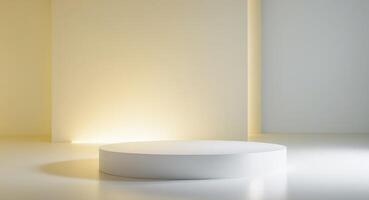 A white circular podium surrounded by subtle ambient lighting and a pale yellow background. photo