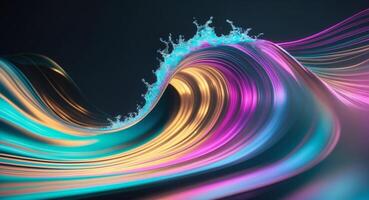 Abstract fluid iridescent holographic curved wave in motion colorful gradient design on black background photo