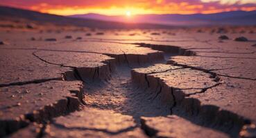 A large crack in the ground with a sunset in the background. photo