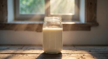 A Glass Jar of Fresh Milk Resting on a Wooden Table Surrounded by Natural Light Creating a Cozy and Inviting Atmosphere in a Rustic Kitchen Setting. photo