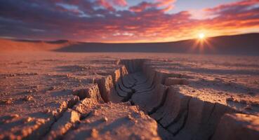 A large crack in the ground with a sunset in the background photo