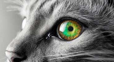 A close up view of a cat's eye with bright green pupil and whiskers photo