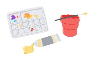 Art supplies illustration with a paint palette with colorful paints, a paintbrush, a red water cup, and a squeezed tube of yellow paint in a flat, minimalistic style vector