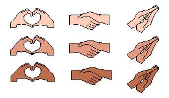 Pixel art hands in various gestures including heart shape, handshake, and praying hands, depicted in diverse skin tones, showcasing simplicity and inclusivity vector