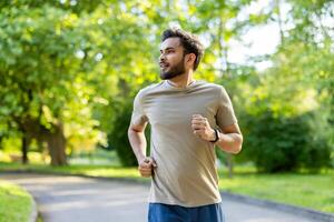Man running in park surrounded by lush greenery showing joy and determination during outdoor workout wearing fitness tracker promoting health and wellness photo