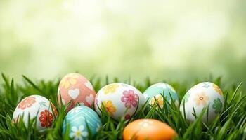 Colorful easter eggs on green grass with bokeh background and copy space for text photo