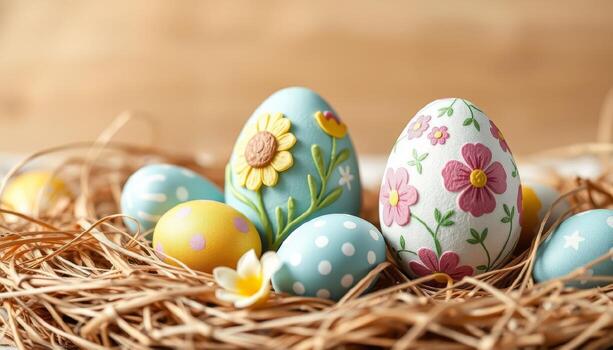 Colorful Easter eggs in nest on wooden background, closeup view with copy space for text photo
