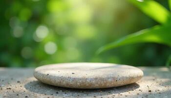 Empty white stone podium or stand for product display and bokeh nature eco background. photo