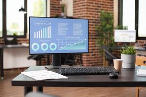 Startup company information shown on computer screen ready for analyst to review in empty brick wall room. Vacant business office with desktop pc displaying data research, ready for use by employee. photo