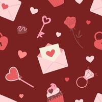 Romantic seamless pattern with letters, sweets, key and heart shapes. Valentine's day illustration. vector