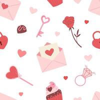 Romantic seamless pattern with letters, sweets, key and heart shapes on white background. Valentine's day illustration. vector