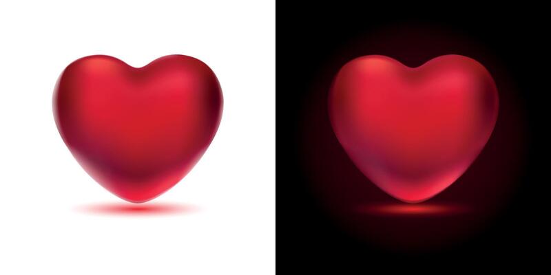 Glossy hearts in red, maroon colors isolated on white and dark background. Mesh gradient icon. Love romantic design. Template for holiday cards, Valentine's day, happy wedding.