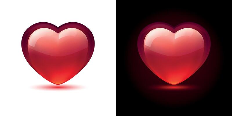 Glossy hearts in carmine, red colors isolated on white and dark background. Mesh gradient icon. Love romantic design. Template for holiday cards, Valentine's day, happy wedding.