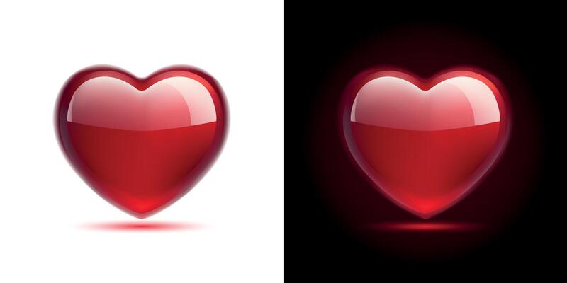 Glossy hearts in carmine, maroon, red colors isolated on white and dark background. Mesh gradient icon. Love romantic design. Template for holiday cards, Valentine's day, happy wedding.