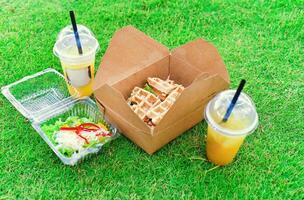 Take away food with plastic box with salad and craft box with waffles, cups of iced tea on green grass photo