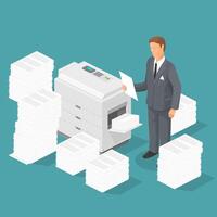 Isometric Photocopier Surrounded by Stacks of Paper Documents With businessman Checking Data and Paperwork - Color Illustration Icon vector