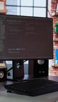 Vertical Empty AI tech agency office providing custom software development services. Technology venture workspace using machine learning to streamline coding process in startup office, handheld camera shot video