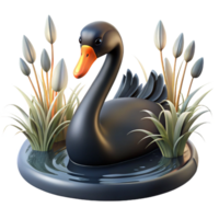 Black Swan in Pond with Reeds 3D Render png