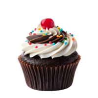 Chocolate cupcake topped with swirled frosting, colorful sprinkles, and a cherry. sweet desserts png