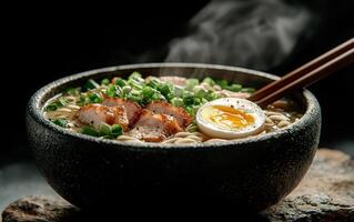 Steaming bowl of ramen noodles with pork, egg, and green onions. photo