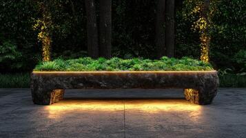 Illuminated stone bench with lush greenery in a tranquil forest setting photo