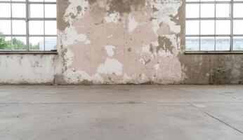 Empty industrial space with large windows and weathered walls photo