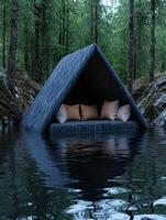 Secluded floating bed in a tranquil forest photo