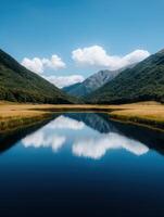 Serene mountain lake reflecting clouds and peaks photo