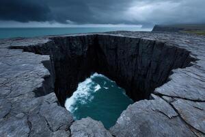 Dramatic coastal cliffs with ocean waves crashing into a deep crevice photo