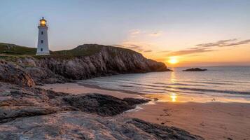 Lighthouse on a rocky coast at sunset photo