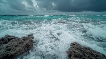 Waves crashing on rocks during a stormy day photo